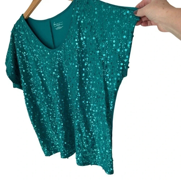 Lane Bryant 14/16 green sequined‎ front short sleeve top - Picture 4 of 5